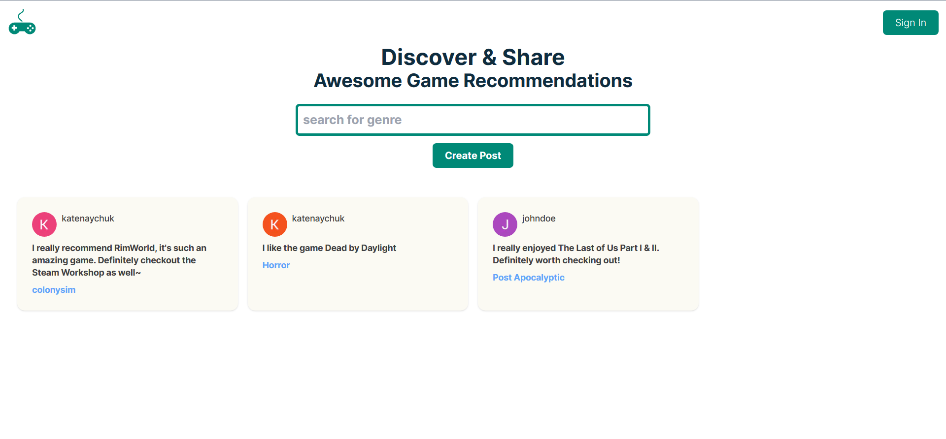 first project (gamerec) screenshot